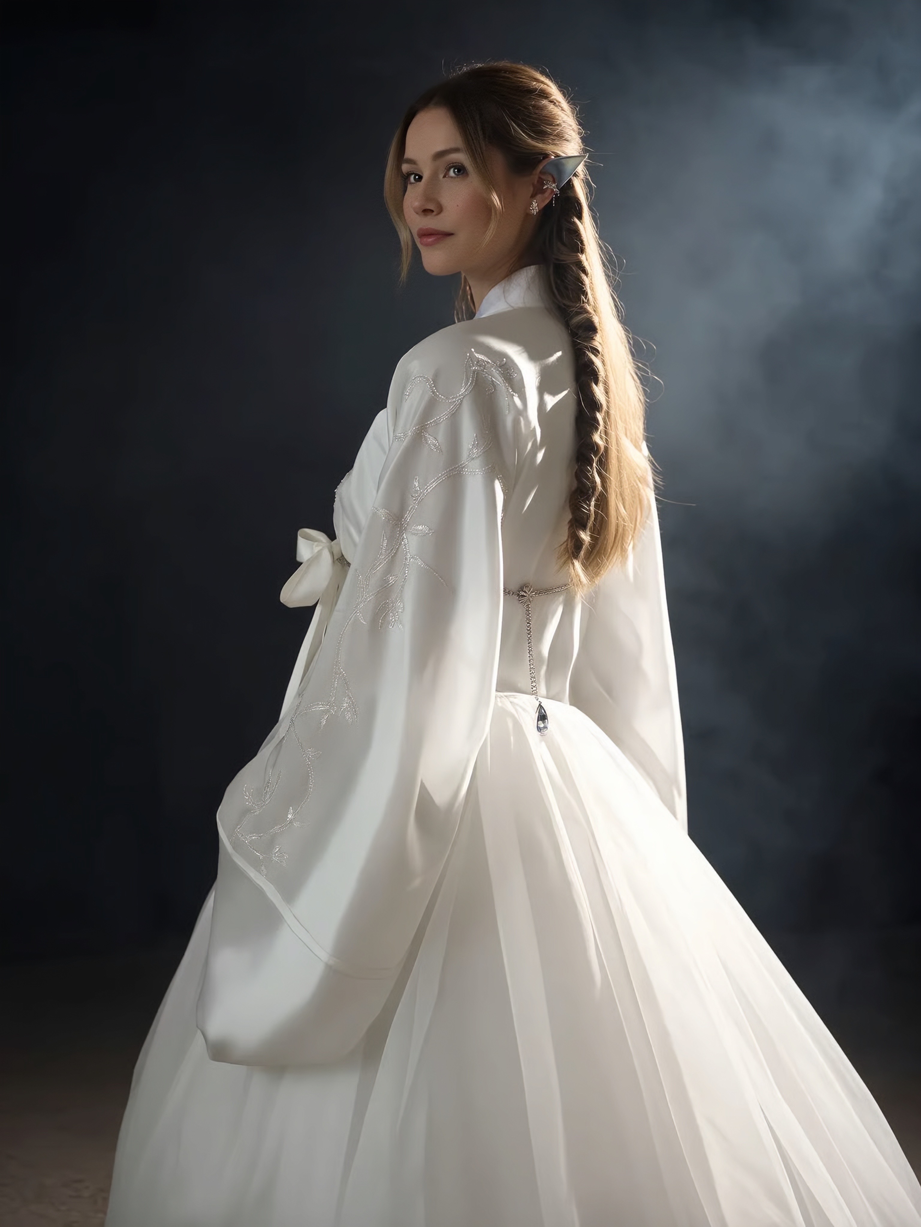 Seated editorial portrait in monochrome styling