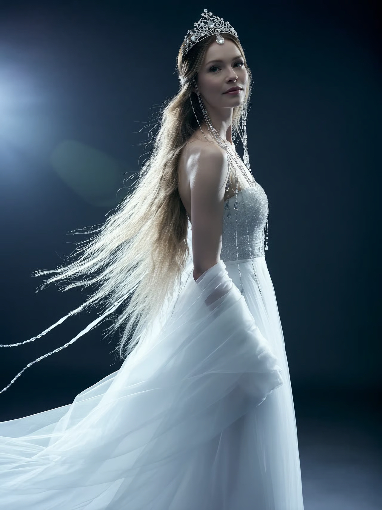 Portrait with mirrored floor and suspended couture styling